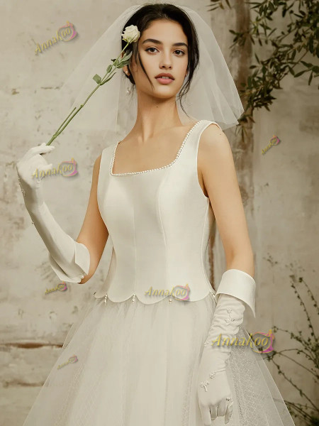 Shop 2025 ANNAKOO Square Satin A Line Tulle Ankle Length Wedding Dress Under 178