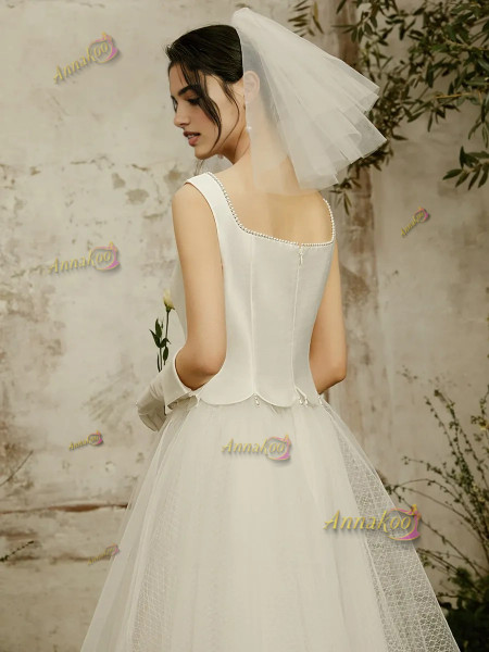 Shop 2025 ANNAKOO Square Satin A Line Tulle Ankle Length Wedding Dress Under 178