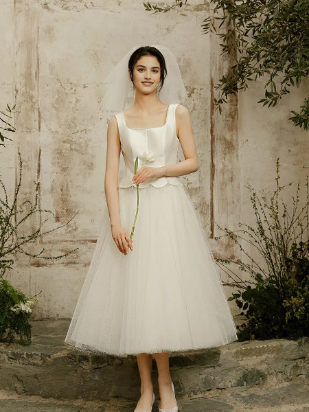 Shop 2025 ANNAKOO Square Satin A Line Tulle Ankle Length Wedding Dress Under 178