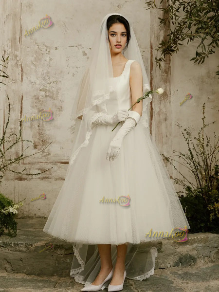 Square Satin A Line Tulle Ankle Length Wedding Dress