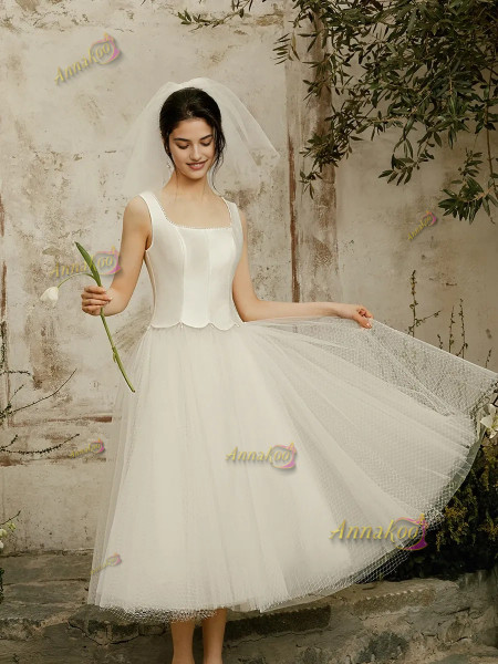 Square Satin A Line Tulle Ankle Length Wedding Dress