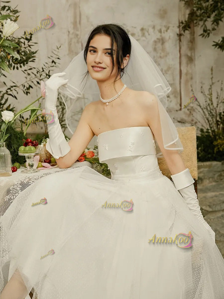 Shop 2025 ANNAKOO Strapless Tulle Beading  A Line Satin Wedding Dress Under 199