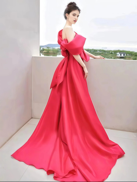 Shop 2025 ANNAKOO Pink Satin Off The Shoulder A Line Prom Dress With Slit Under 149