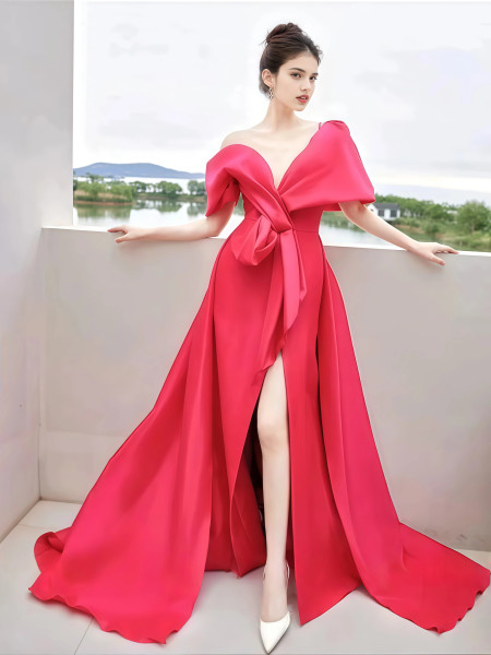 Shop 2025 ANNAKOO Pink Satin Off The Shoulder A Line Prom Dress With Slit Under 149