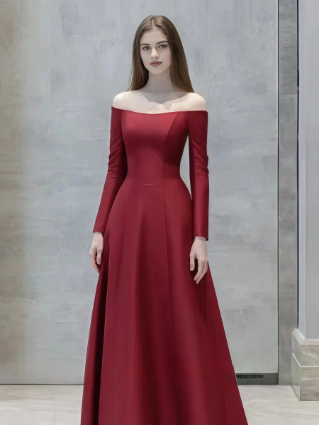 Shop 2025 ANNAKOO Long Sleeve Satin Off The Shoulder A Line Prom Dress Under 139