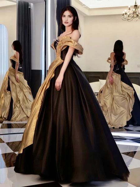 Shop 2025 ANNAKOO Off The Shoulder Satin Black & Gold A Line Prom Dress Under 239