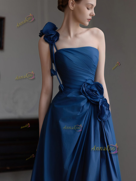 Shop 2025 ANNAKOO Blue Satin One Shoulder Flowers A Line Prom Dress Under 178