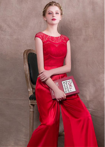 Red Jumpsuit Acetate Satin Lace Jewel Evening Dress