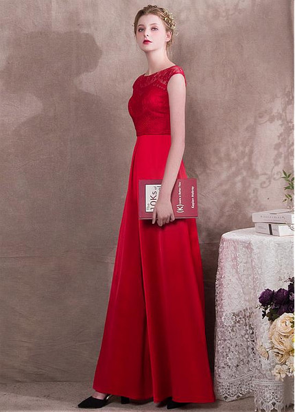 Red Jumpsuit Acetate Satin Lace Jewel Evening Dress