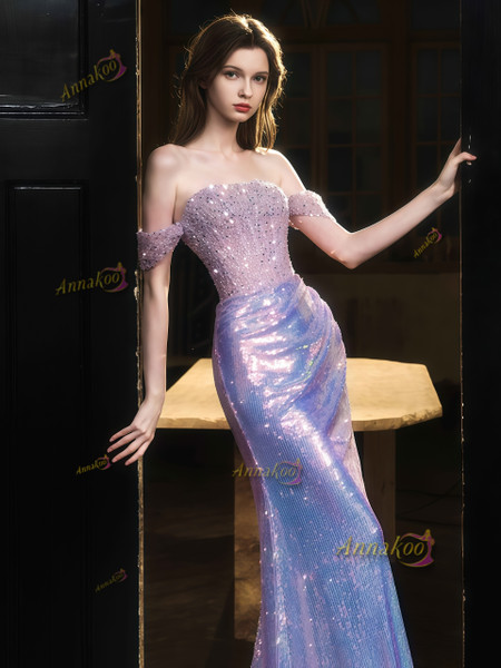 Shop 2025 ANNAKOO Off The Shoulder Trumpet Mermaid Sequin Beading Prom Dress Under 189