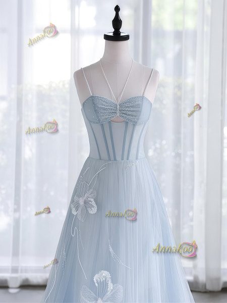 Shop 2025 ANNAKOO Light Blue Tulle Flower Keyhole A Line Prom Dress Under 178
