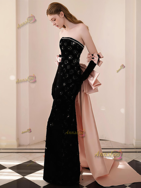 Shop 2025 ANNAKOO Beading Strapless Sheath Column Pink Bow Prom Dress Under 198