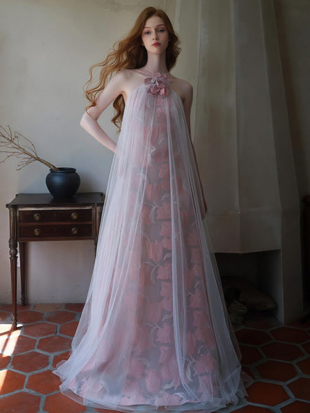 Shop 2025 ANNAKOO Tulle Halter A Line Floral Pink Prom Dress Under 176