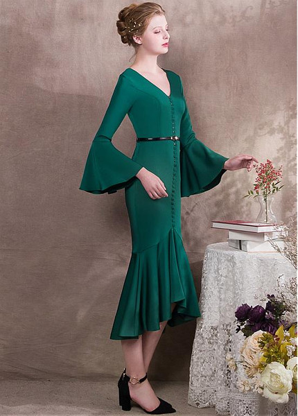 Belt Satin V-neck Green Hi-lo Mermaid Formal Cocktail Dress