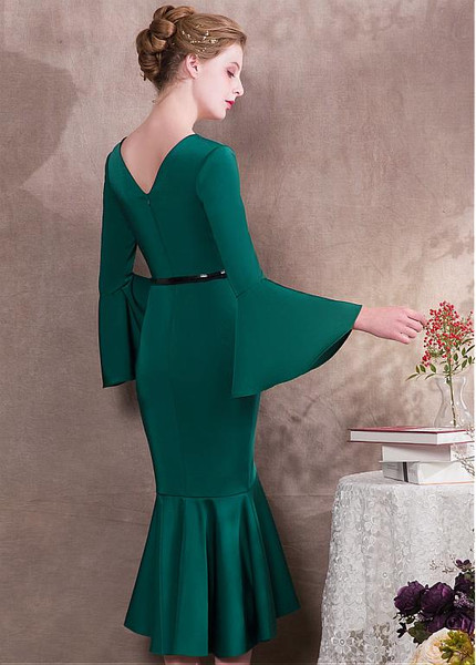 Belt Satin V-neck Green Hi-lo Mermaid Formal Cocktail Dress