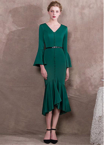 Belt Satin V-neck Green Hi-lo Mermaid Formal Cocktail Dress