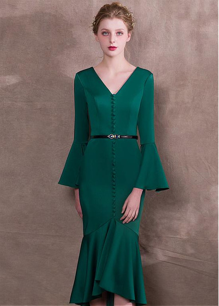 Belt Satin V-neck Green Hi-lo Mermaid Formal Cocktail Dress