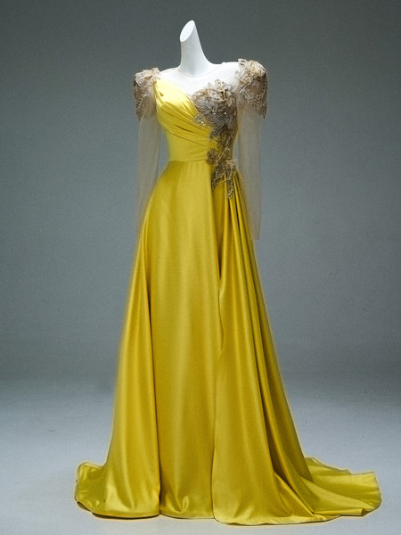 Shop 2025 ANNAKOO Long Sleeve Scoop Yellow Beading Backless Prom Dress Under 499