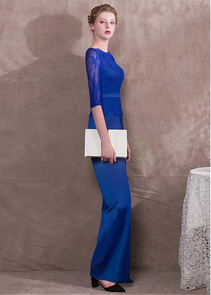 Blue Jumpsuit Acetate Satin Lace Jewel Evening Dress