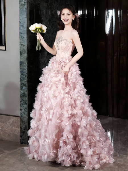 Shop 2025 ANNAKOO  Pink Tulle Flower Strapless A Line Beading Prom Dress Under 299