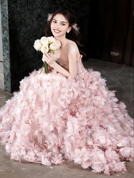Pink Tulle Flower Strapless A Line Beading Prom Dress