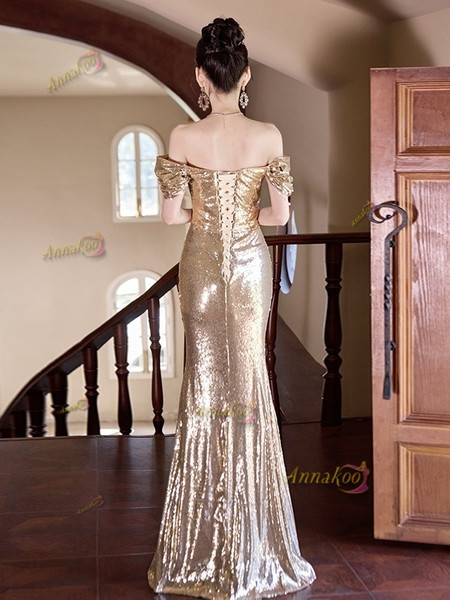 Shop 2025 ANNAKOO Champagne Sequin Off The Shoulder Trumpet Mermaid Prom Dress Under 139