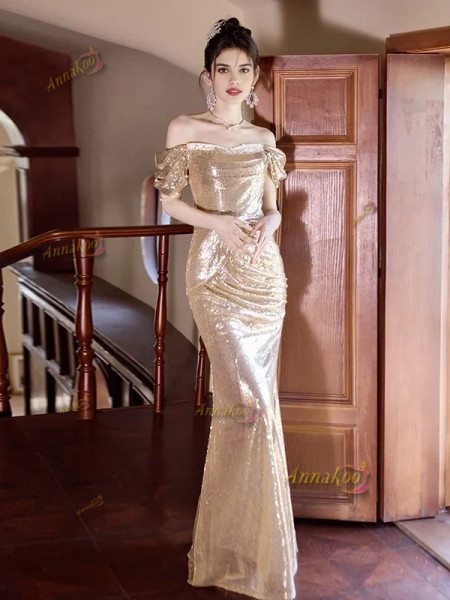 Shop 2025 ANNAKOO Champagne Sequin Off The Shoulder Trumpet Mermaid Prom Dress Under 139