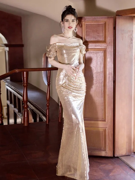 Shop 2025 ANNAKOO Champagne Sequin Off The Shoulder Trumpet Mermaid Prom Dress Under 139