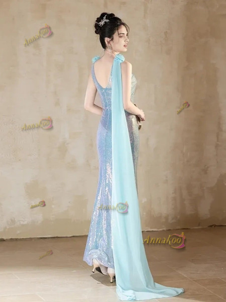 Shop 2025 ANNAKOO Sheer Neck Trumpet Mermaid Blue Trumpet Mermaid Prom Dress Under 139