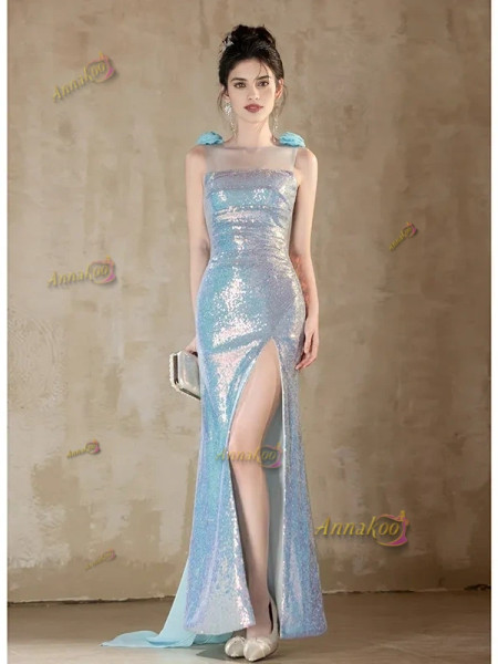 Shop 2025 ANNAKOO Sheer Neck Trumpet Mermaid Blue Trumpet Mermaid Prom Dress Under 139