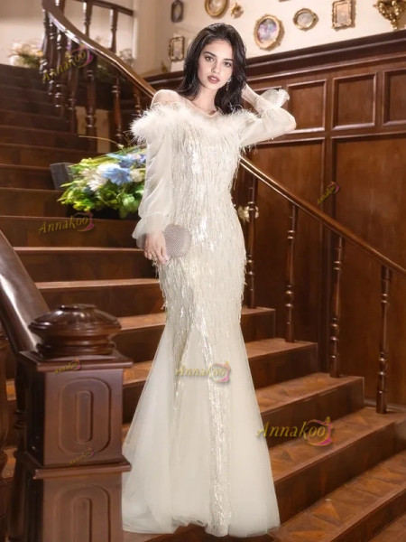 Shop 2025 ANNAKOO Cold Shoulder Long Sleeve Champagne Sequin Prom Dress Under 159