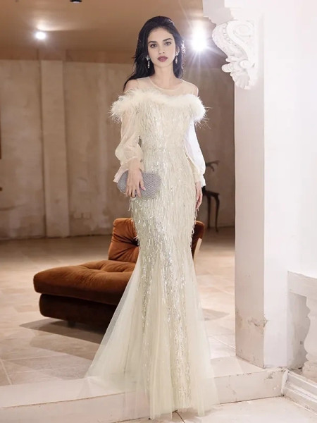 Shop 2025 ANNAKOO Cold Shoulder Long Sleeve Champagne Sequin Prom Dress Under 159