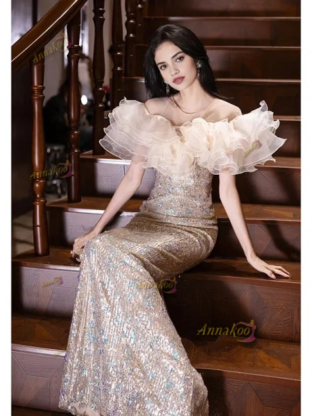 Shop 2025 ANNAKOO Off The Shoulder Ruffles Trumpet Mermaid Sequin Prom Dress Under 159