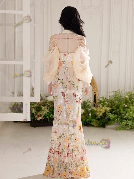 Floral Tulle Trumpet Mermaid High Neck Prom Dress 