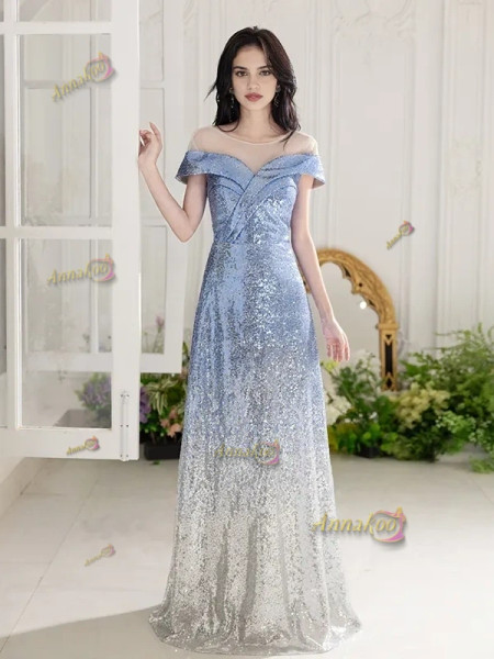 Shop 2025 ANNAKOO Blue Sequin Scoop A Line Ombre Prom Dress Under 149