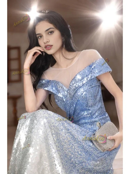 Shop 2025 ANNAKOO Blue Sequin Scoop A Line Ombre Prom Dress Under 149