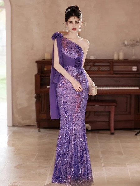 One Shoulder Purple Flower Sequin Trumpet Mermaid Prom Dress