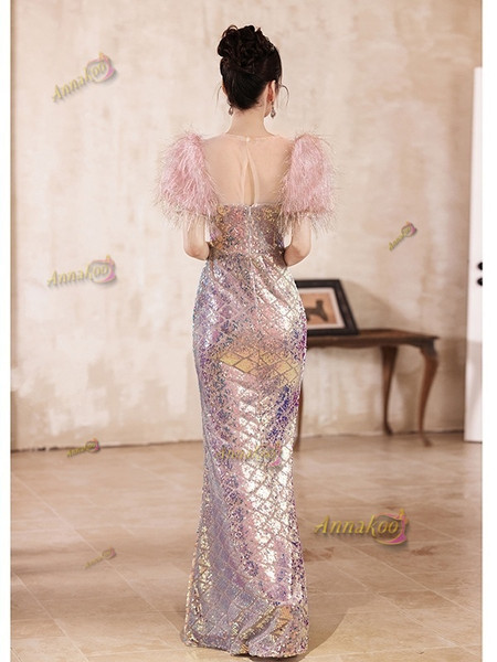Feather Sequin Short Sleeve Pink Trumpet Mermaid Prom Dress