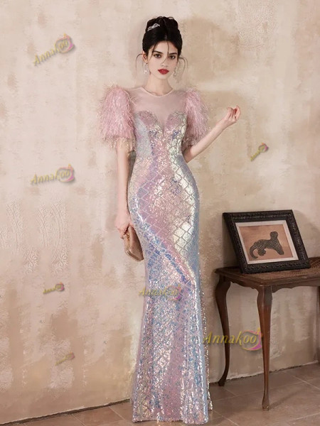 Feather Sequin Short Sleeve Pink Trumpet Mermaid Prom Dress