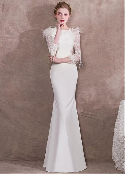  White Spandex Bateau Long Sleeve Mermaid Evening Prom Dress