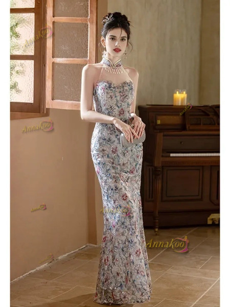 Shop 2025 ANNAKOO Silver High Neck Trumpet Mermaid Floral Prom Dress Under 148