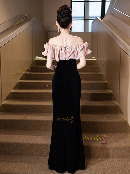 Burgundy Off The Shoulder Trumpet Mermaid Velvet Prom Dress