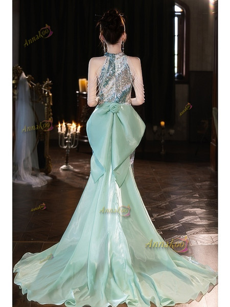 Green High Neck Flowers Trumpet Mermaid Sequin Prom Dress With Slit