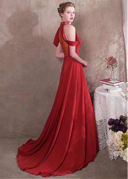 Beadings Satin High Collar Red  A-line Evening Dress 