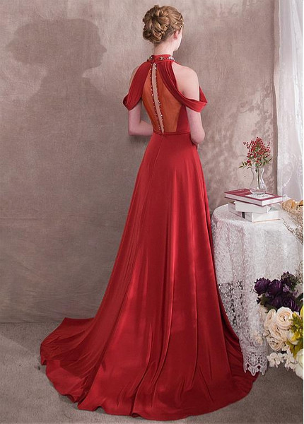 Beadings Satin High Collar Red  A-line Evening Dress 