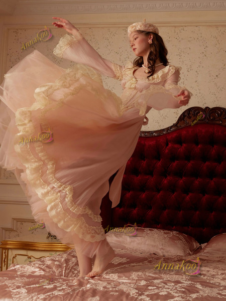 Shop 2025 ANNAKOO Long Sleeves Pink Lace Vintage Tea Length Tulle Wedding Dress Under 178