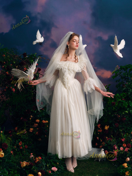 Shop 2025 ANNAKOO Puffy Sleeves Tulle Ankle Length A Line Ruffles Wedding Dress Under 189