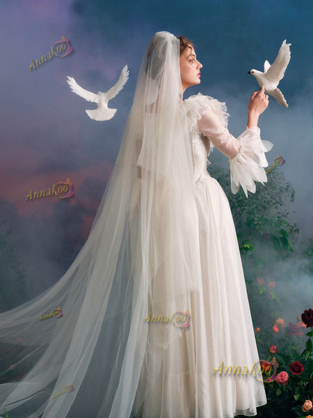 Shop 2025 ANNAKOO Puffy Sleeves Tulle Ankle Length A Line Ruffles Wedding Dress Under 189