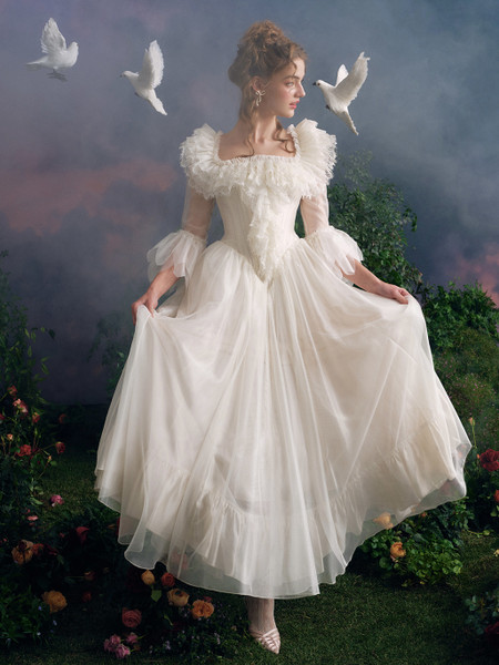 Shop 2025 ANNAKOO Puffy Sleeves Tulle Ankle Length A Line Ruffles Wedding Dress Under 189