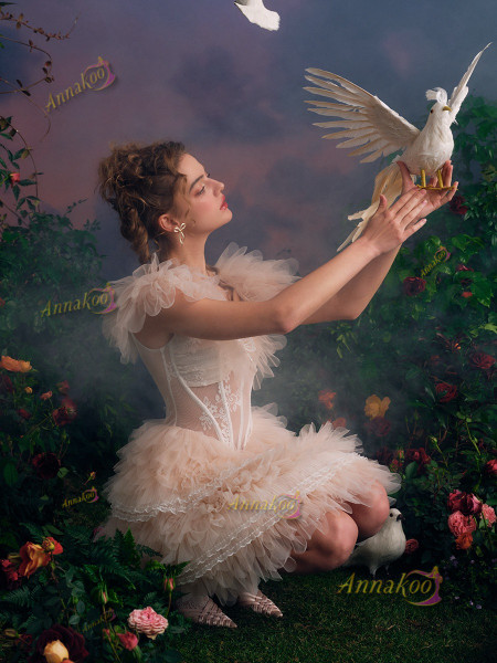 Shop 2025 ANNAKOO Pink Ruffles V Neck Sheer Layer Short Mini Wedding Dress Under 178